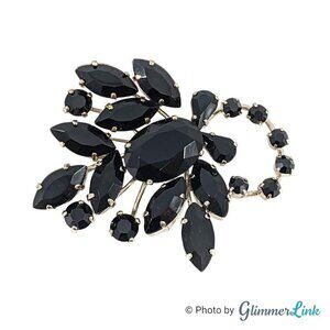 Vintage Western Germany Black Rhinestones Floral Spray Silver Tone Mid Cent